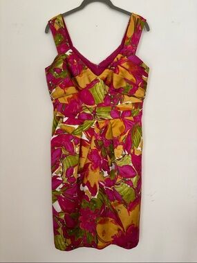 Kay Unger Fuchsia, Mustard & Green Floral Midi Sheath Dress